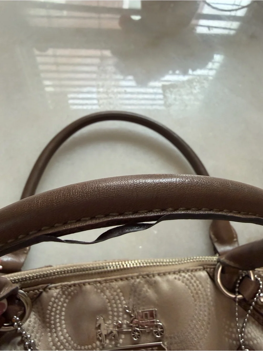 Coach Beige Signature Quilted Satchel with Brown Leather Trim